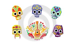 Mexican sugar skulls set, Day of the dead, Mexican cultural symbols vector Illustration