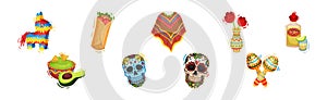 Mexican Symbols and Attribute with Pinata, Wrap, Poncho, Tequila, Rose Flower, Skull, Maraca and Guacamole Vector Set