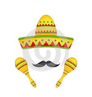 Mexican Symbols Sombrero Hat, Musical Maracas, Mustache