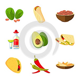 Mexican taco, burrito and nachos food, avocado, tequila, red hot pepper vector cartoon icons