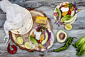 Mexican tacos with avocado, slow cooked meat, grilled corn, red cabbage slaw and chili salsa on rustic stone table.