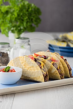 Mexican tacos with beef, cheddar cheese, tomato