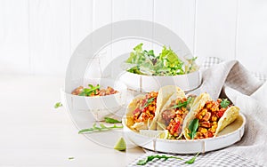 Mexican tacos with chicken meat, corn and tomato sauce. Latin American cuisine.