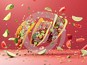 Mexican tacos flying in the air exploding with flavour and bursting with fresh ingredients