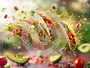 Mexican tacos flying in the air exploding with flavour and bursting with fresh ingredients