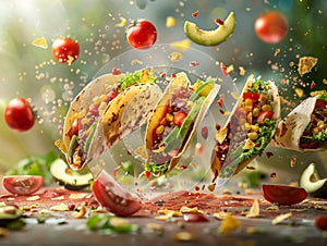 Mexican tacos flying in the air exploding with flavour and bursting with fresh ingredients