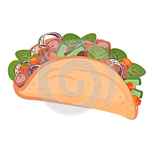 Mexican tacos isolated. Tasty Spicy dish with different filling, meat, vegetables, sauce. Vector flat drawn illustration for
