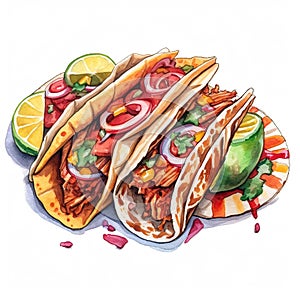 Mexican tacos with meat and vegetables. Watercolor hand drawn illustration