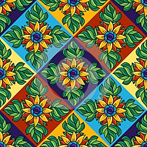 Mexican talavera ceramic tile seamless pattern. Decoration with ornamental flowers.