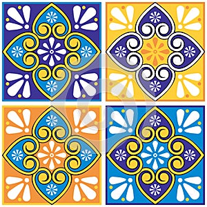 Mexican talavera floral pattern vector tiles seamless design with hearts, swrils in yellow and navy blue