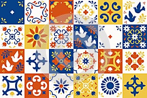 Mexican talavera pattern. Ceramic tiles with flower, leaves and bird ornaments in traditional majolica style from Puebla