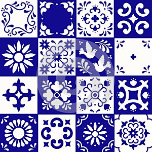 Mexican talavera pattern. Ceramic tiles with flower, leaves and bird ornaments in traditional style from Puebla. Mexico