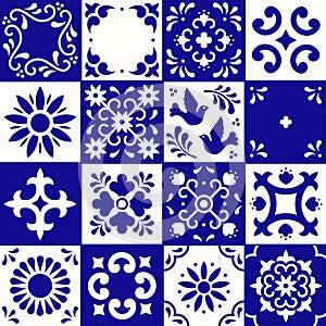 Mexican talavera pattern. Ceramic tiles with flower, leaves and bird ornaments in traditional style from Puebla. Mexico