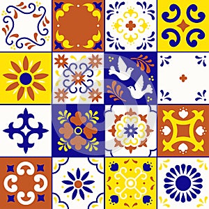 Mexican talavera pattern. Ceramic tiles with flower, leaves and bird ornaments in traditional style from Puebla. Mexico