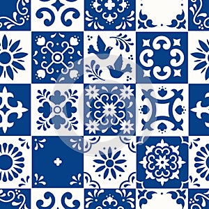 Mexican talavera seamless pattern. Ceramic tiles with flower, leaves and bird ornaments in traditional majolica style