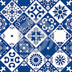 Mexican talavera seamless pattern. Ceramic tiles with flower, leaves and bird ornaments in traditional majolica style