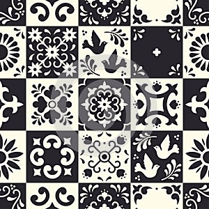 Mexican talavera seamless pattern. Ceramic tiles with flower, leaves and bird ornaments in traditional majolica style