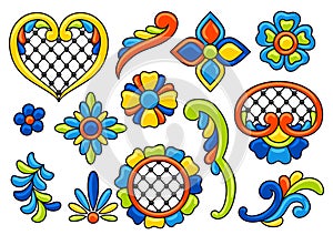 Mexican talavera set. Decoration with ornamental flowers. Background with mexican talavera pattern. Decoration with