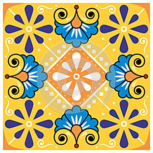 Mexican talavera style ceramic single tile vector seamless pattern with flowers and swrils, textile or fabric print design