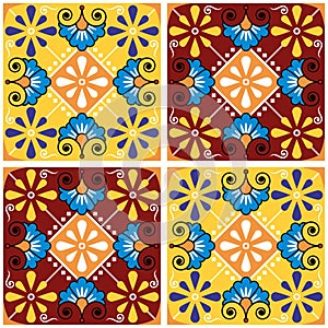 Mexican talavera style ceramic tile vector seamless pattern with flowers and swrils, vibrant wallpaper, textile or fabric print de