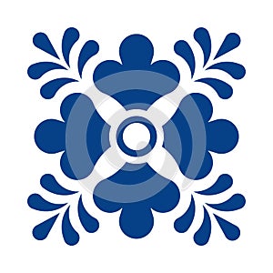 Mexican talavera tile pattern with flower. Ornament in traditional style from Puebla in classic blue and white. Floral