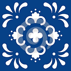 Mexican talavera tile pattern. Ornament in traditional style from Puebla in classic blue and white. Floral ceramic