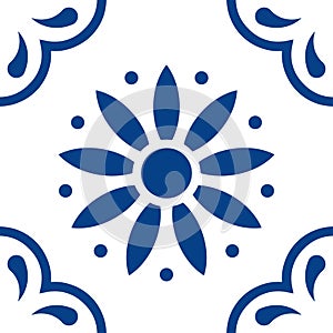 Mexican talavera tile pattern. Ornament in traditional style from Puebla in classic blue and white. Floral ceramic