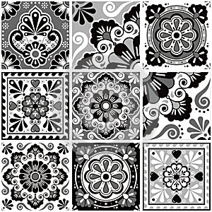 Mexican talavera tiles vector seamless navy blue pattern with flowers leaves, hearts and swirls - gray and white big set, repetiti