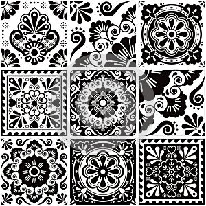 Mexican talavera tiles vector seamless pattern with flowers leaves, hearts and swirls - black and white big set, repetitive design