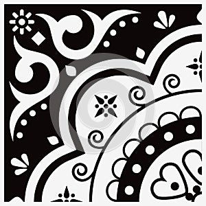 Mexican talavera tiles vector seamless pattern with single tile design in black and white, background inspired by folk art from Me