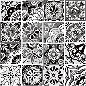 Mexican talvera ceramic tiles set black, gray and white with decor, flowers, leaves and swirls perfect for wallpaper, home decor,