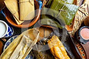 Mexican tamal in banana and corn leaf