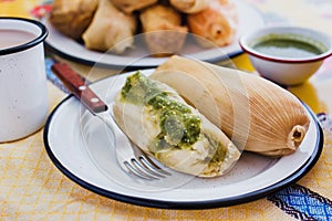 Mexican tamales of corn leaves with green sauce and atole, Tamales Breakfast in Mexico photo