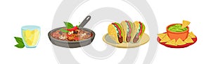 Mexican Tasty Food and Spicy Dish Served Vector Set
