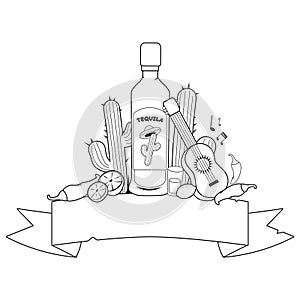 Mexican tequila banner. Vector black and white coloring page.