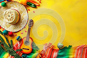 Mexican Themed Background With Guitar and Sombrero