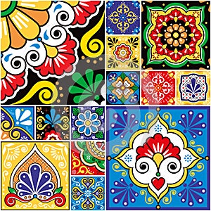 Mexican talavera tiles vector seamless pattern collection,  different size and style colorful design set, perfect for wallpaper, t photo