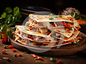 Mexican tortilla quesadilla with scrambled eggs, vegetables and cheese, Mexican cuisine