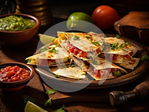 Mexican tortilla quesadilla with scrambled eggs, vegetables and cheese, Mexican cuisine