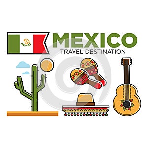 Mexican tourist travel attractions and Mexico traditional culture vector symbols set