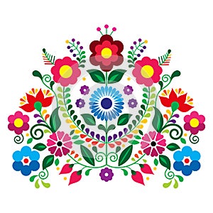 Mexican traditional embroidery style vector floral bouquet design, colorful pattern inspired by folk art from Mexico