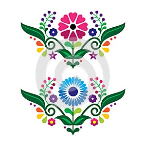 Mexican traditional folk art style vector floral two design set, colorful pattern inspired by embroidery from Mexico