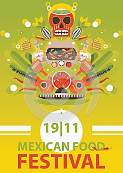 Mexican traditional food festival poster on bright background. Vector illustration with chily pepper, fajita and spicy meals.