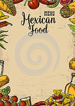Mexican traditional food restaurant menu template with traditional spicy dish. burrito, tacos, chili, tomato, nachos