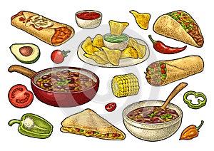 Mexican traditional food set with Guacamole, Enchilada, Burrito, Tacos, Nachos photo