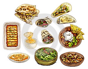 Mexican traditional food set with text message, burrito, tacos, chili, tomato, nachos. photo