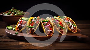Mexican traditional food taco on a cutting board, 5 items, close-up
