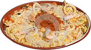 Mexican traditional meal with shrimps, rice and corn.