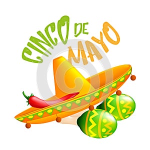 Mexican traditional sombrero hat with red chili pepper on it and green maracas. Vector illustration to 5th of May Cinco de Mayo