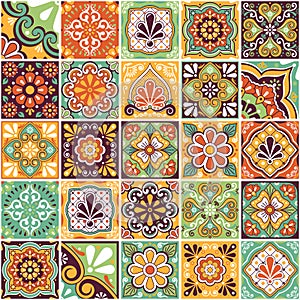 Mexican traditional tiles big collection, talavera vector seamless pattern perfect for wallaper, textile or fabric print - retro c